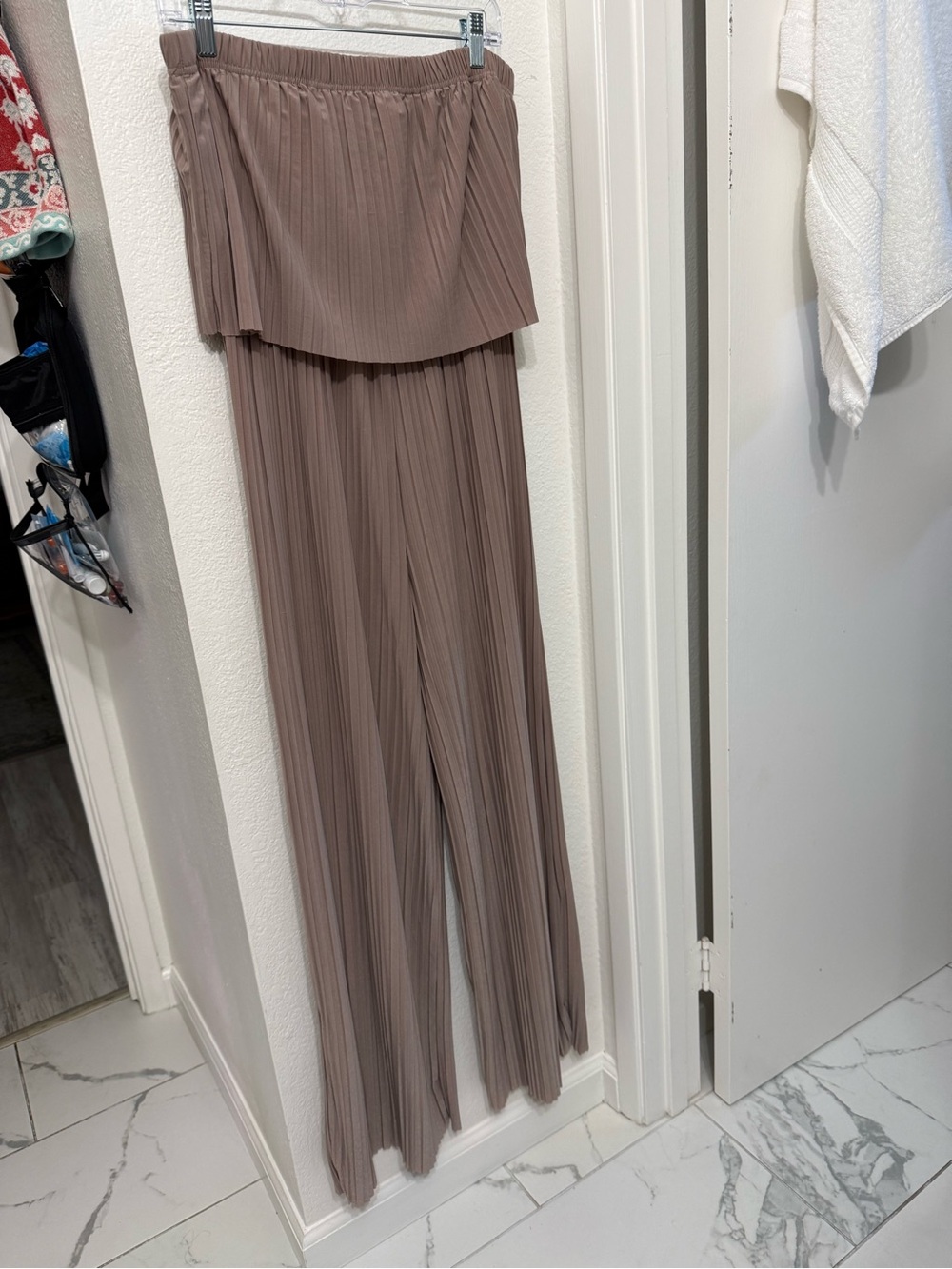 Women's Strapless Wide-Leg flowy lightweight Jumpsuit- Taupe. Travel ready.